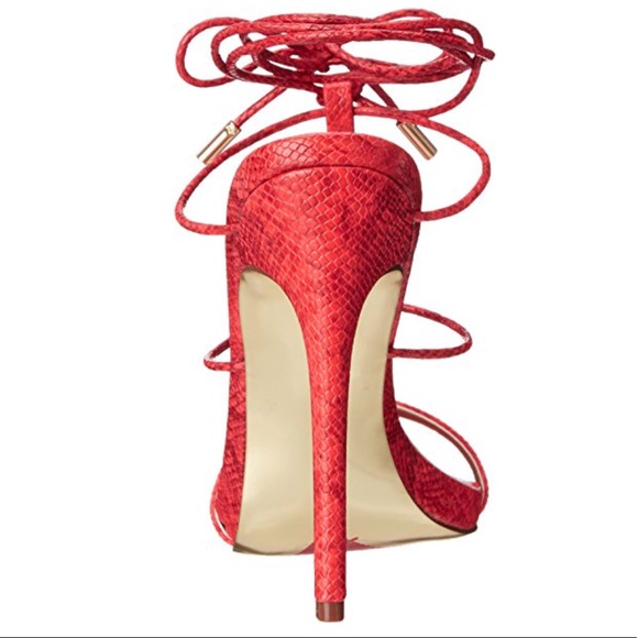 Red Snake Print Lace Up Gladiator Stiletto Heels - Picture 3 of 4